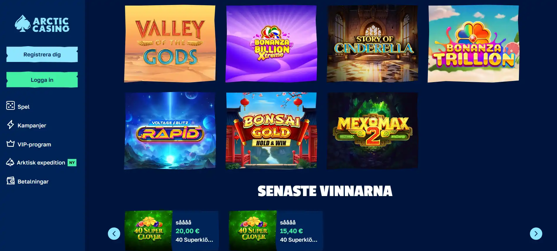 Skärmbild av Arctic Casinos officiella webbplats med sidhuvud och en del av spelutbudet synligt