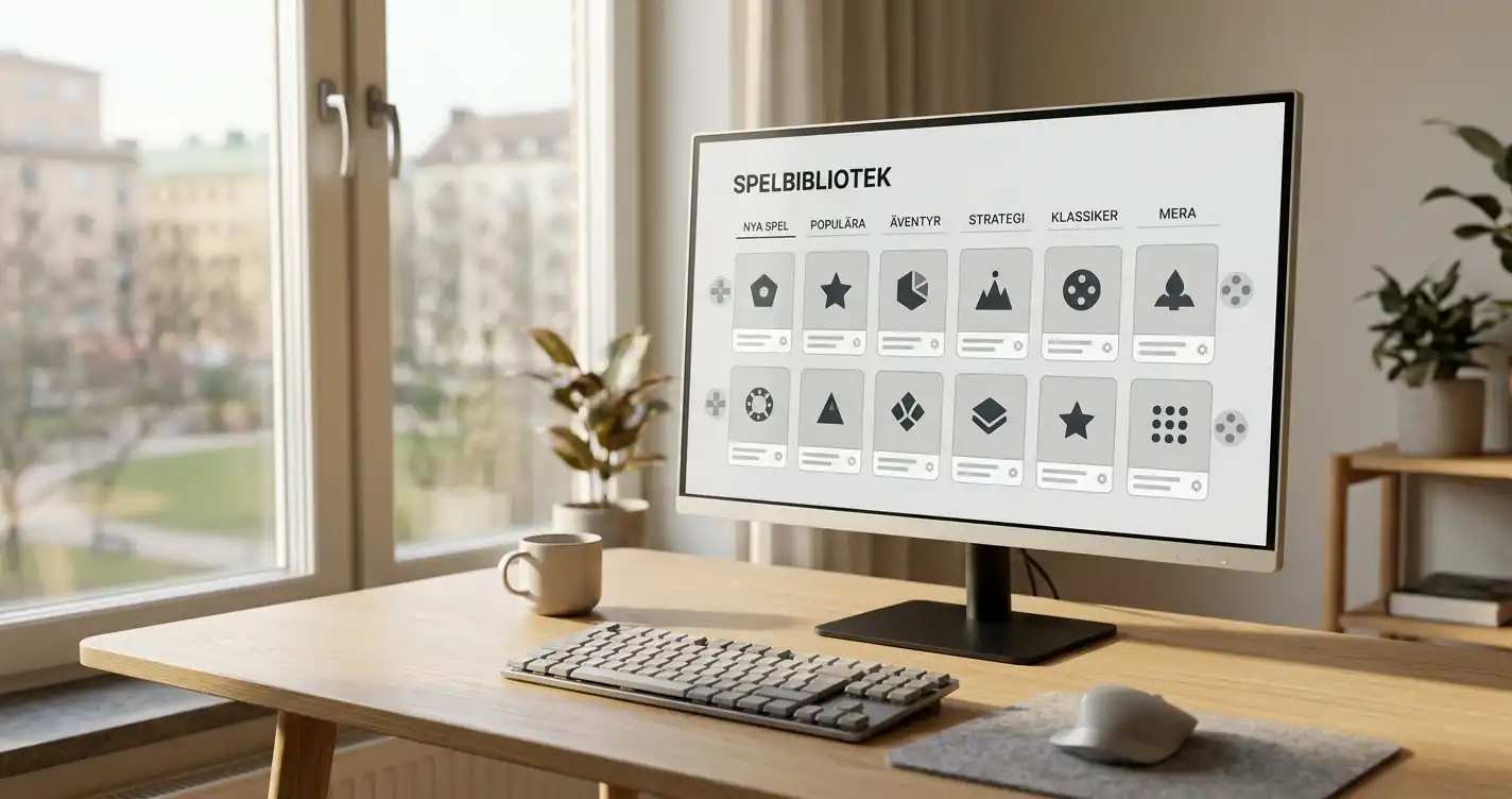 Abstrakt spelbibliotek med neutrala färgfält på en skärm i en lugn redaktionell miljö