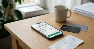 En mobiltelefon, generiska kortformer och abstrakta betalningssymboler på ett ordnat skrivbord