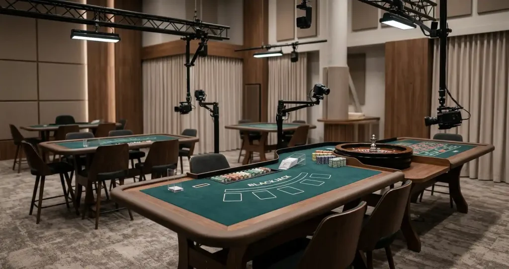 Tom modern casinostudio med spelbord, kameror och mjuk studiebelysning