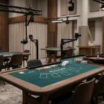 Tom modern casinostudio med spelbord, kameror och mjuk studiebelysning