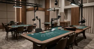 Tom modern casinostudio med spelbord, kameror och mjuk studiebelysning