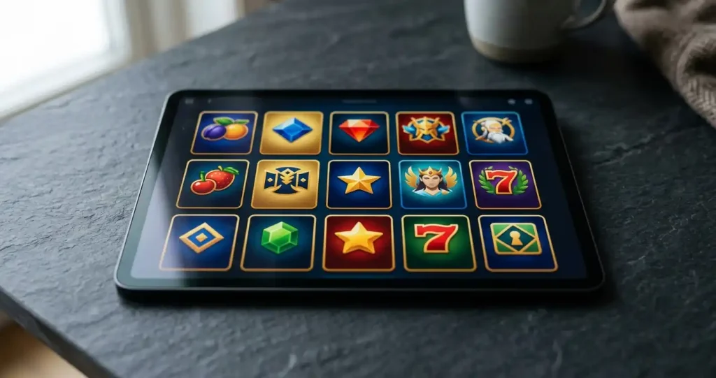 Abstrakta färgade spelbrickor ordnade som en digital slotkatalog