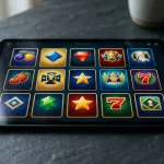 Abstrakta färgade spelbrickor ordnade som en digital slotkatalog