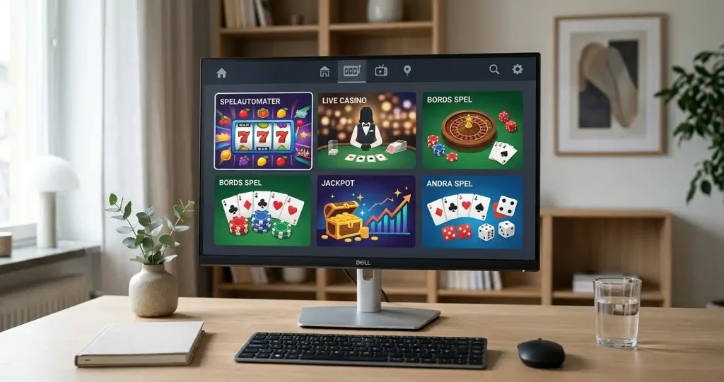 Ett abstrakt digitalt spelbibliotek med färgade kort för olika casinokategorier på en skärm