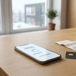 En mobiltelefon bredvid ett bankkort och en enkel transaktionsöversikt på ett skrivbord