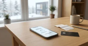 En mobiltelefon bredvid ett bankkort och en enkel transaktionsöversikt på ett skrivbord